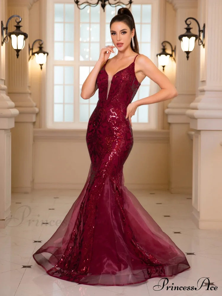 Padded V-Neck Sequin Party Dress Claret / S Partydress-241208