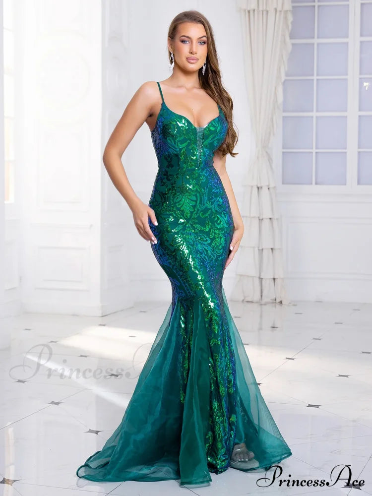 Padded V-Neck Sequin Party Dress Green / S Partydress-241208