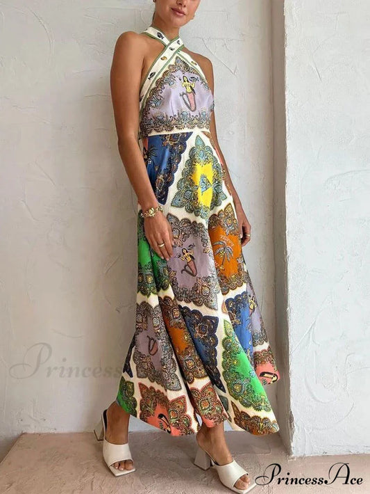 Paisley Satin Stylish Floral Midi Dress Multi-Color / S Dresses