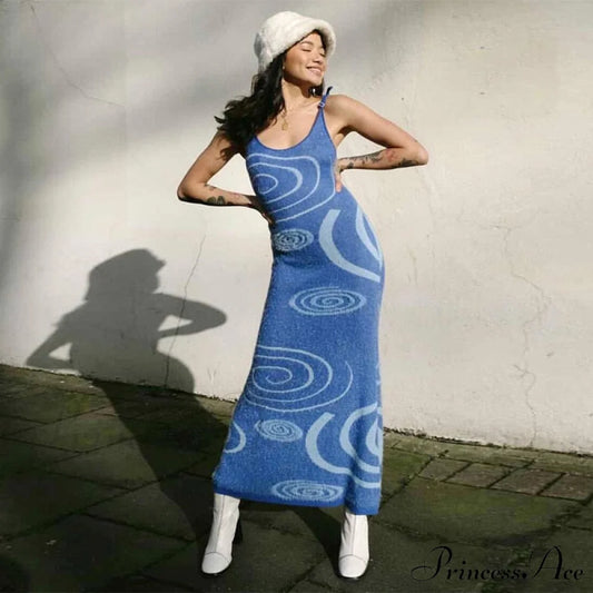 Paisley Vintage Spaghetti Fashion - Y2K Bodycon Strap Gown Coastal Party Green Vestido Blue Dress /