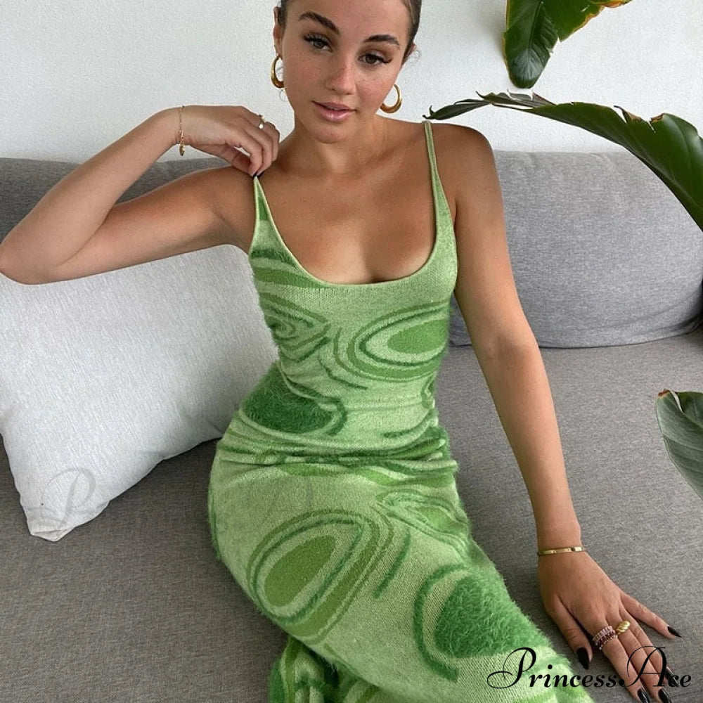 Paisley Vintage Spaghetti Fashion - Y2K Bodycon Strap Gown Coastal Party Green Vestido Knitted