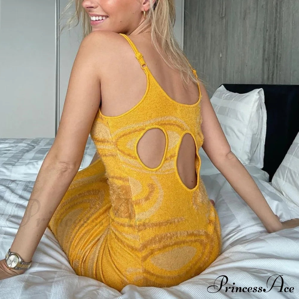 Paisley Vintage Spaghetti Fashion - Y2K Bodycon Strap Gown Coastal Party Green Vestido Yellow