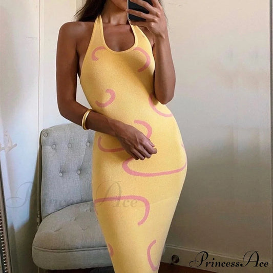 Paisley Vintage Spaghetti Fashion - Y2K Bodycon Strap Gown Coastal Party Green Vestido Yellow / S