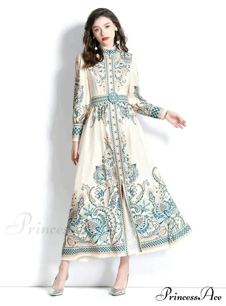 Palace Lantern Sleeve Printed Dress S / Yellow