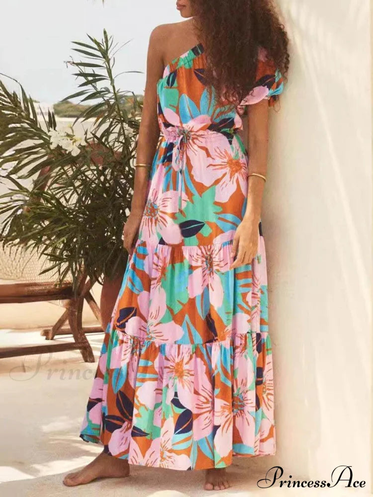 Palm Leaf Print Off-Shoulder Graceful Holiday Style Floral Dress Dresses