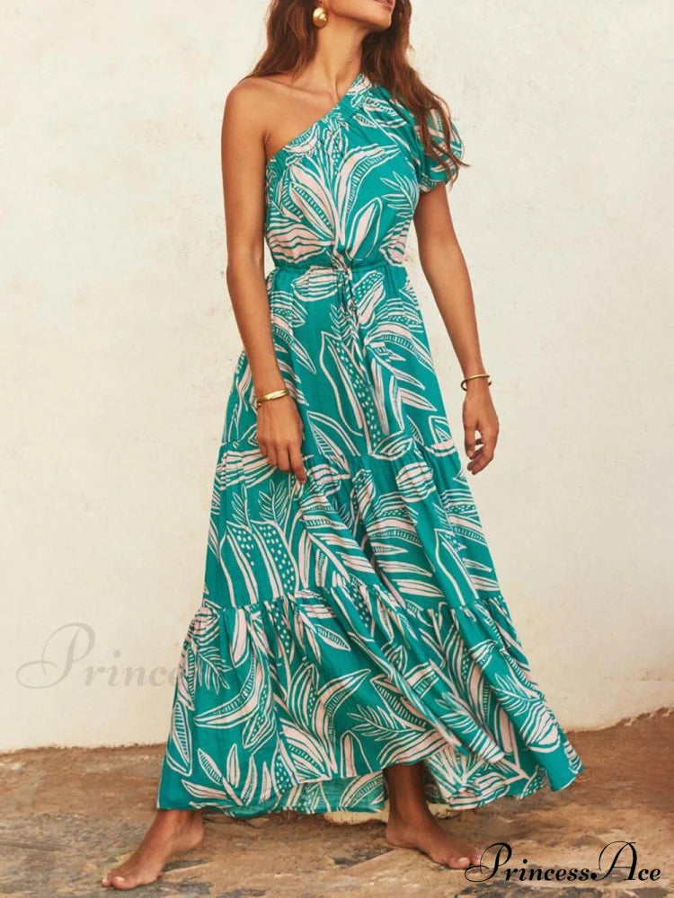 Palm Leaf Print Off-Shoulder Graceful Holiday Style Floral Dress Dresses