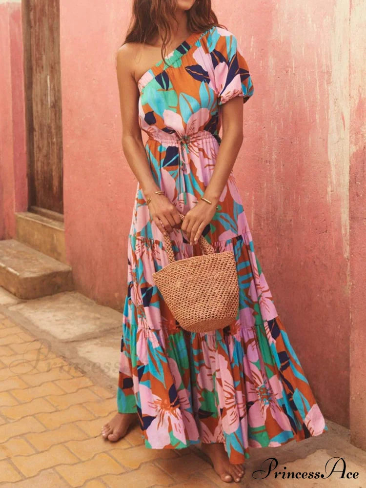 Palm Leaf Print Off-Shoulder Graceful Holiday Style Floral Dress Dresses