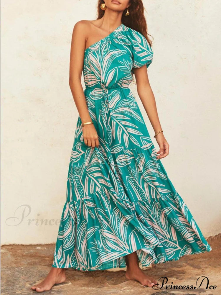 Palm Leaf Print Off-Shoulder Graceful Holiday Style Floral Dress Dresses