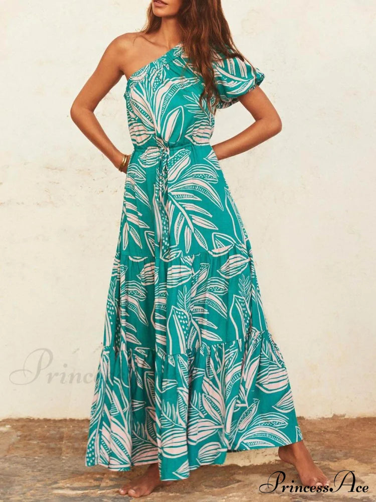 Palm Leaf Print Off-Shoulder Graceful Holiday Style Floral Dress Green / S Dresses