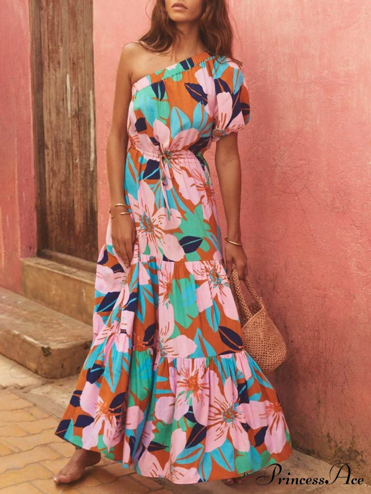 Palm Leaf Print Off-Shoulder Graceful Holiday Style Floral Dress Pink / S Dresses