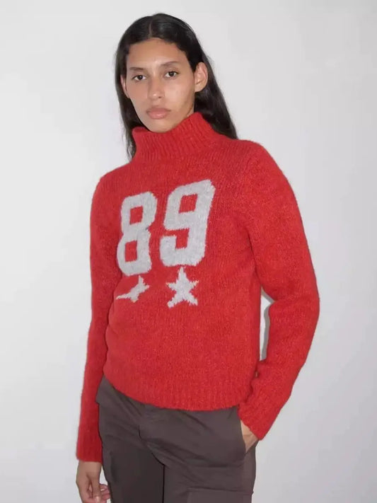 Red Wool Blend Knitted Crochet Letter Lapel Casual Christmas Sweater