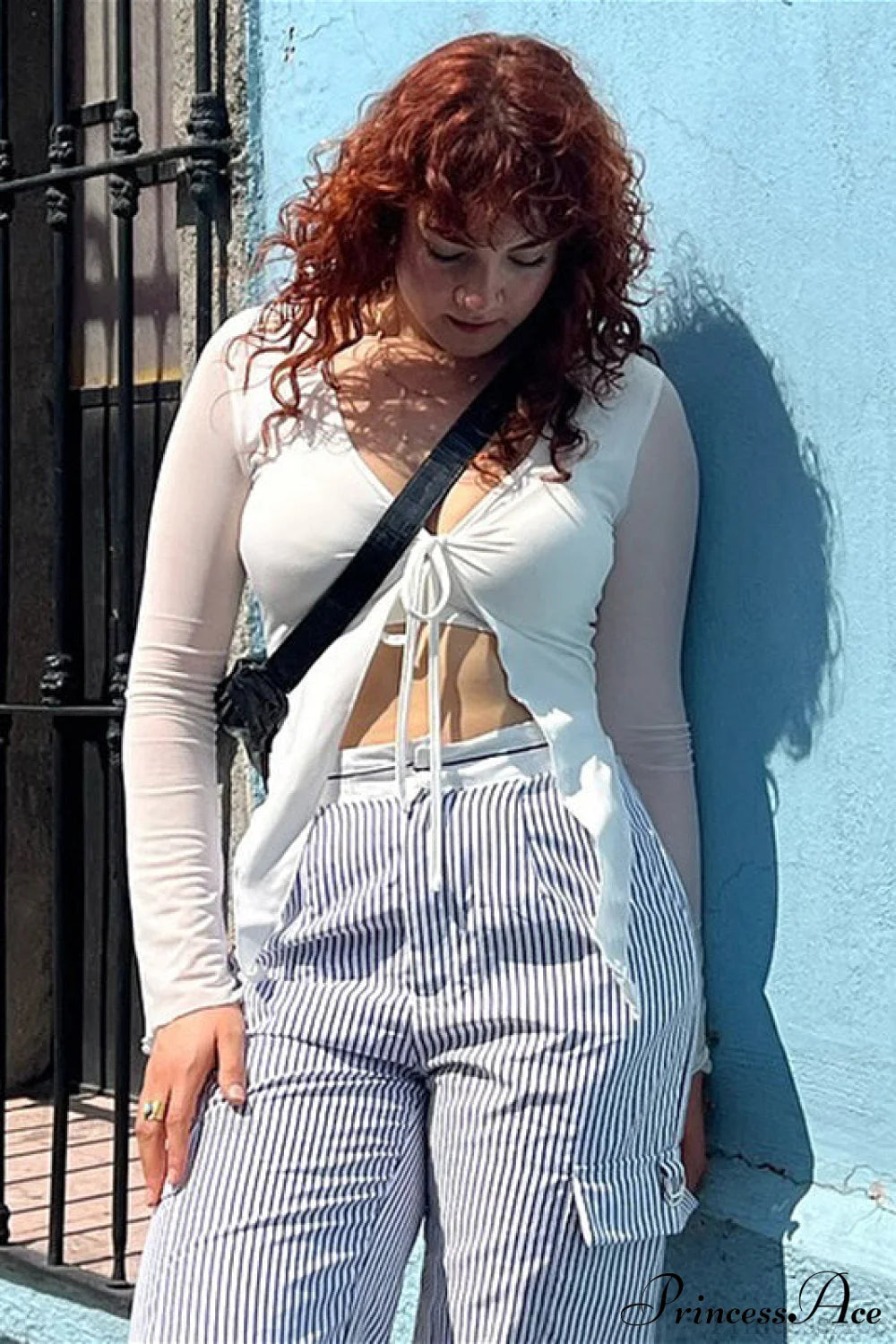 Panel Tie Irregular Long Sleeve Blouse