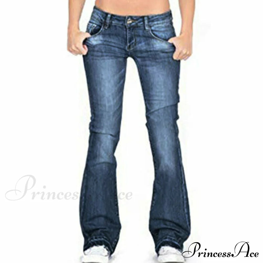 Pants Bottom Trousers Stretch Flared Jeans Bell Denim Women’s Fashion Low Rise Navy Blue / Xs Cn