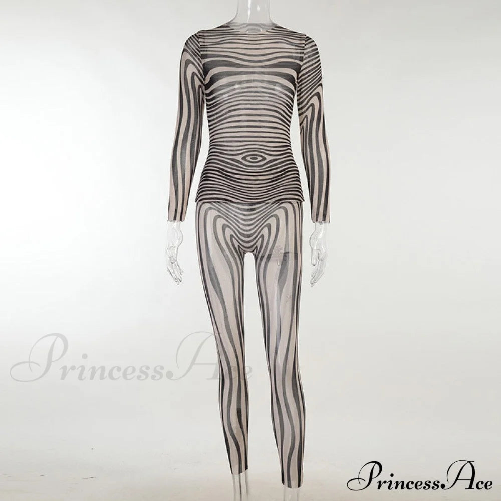 Pants Suit Sexy Costume Zebra Co-Ord Striped Tracksuit For Mesh + Set 2 T-Shirt Piece Long Autumn