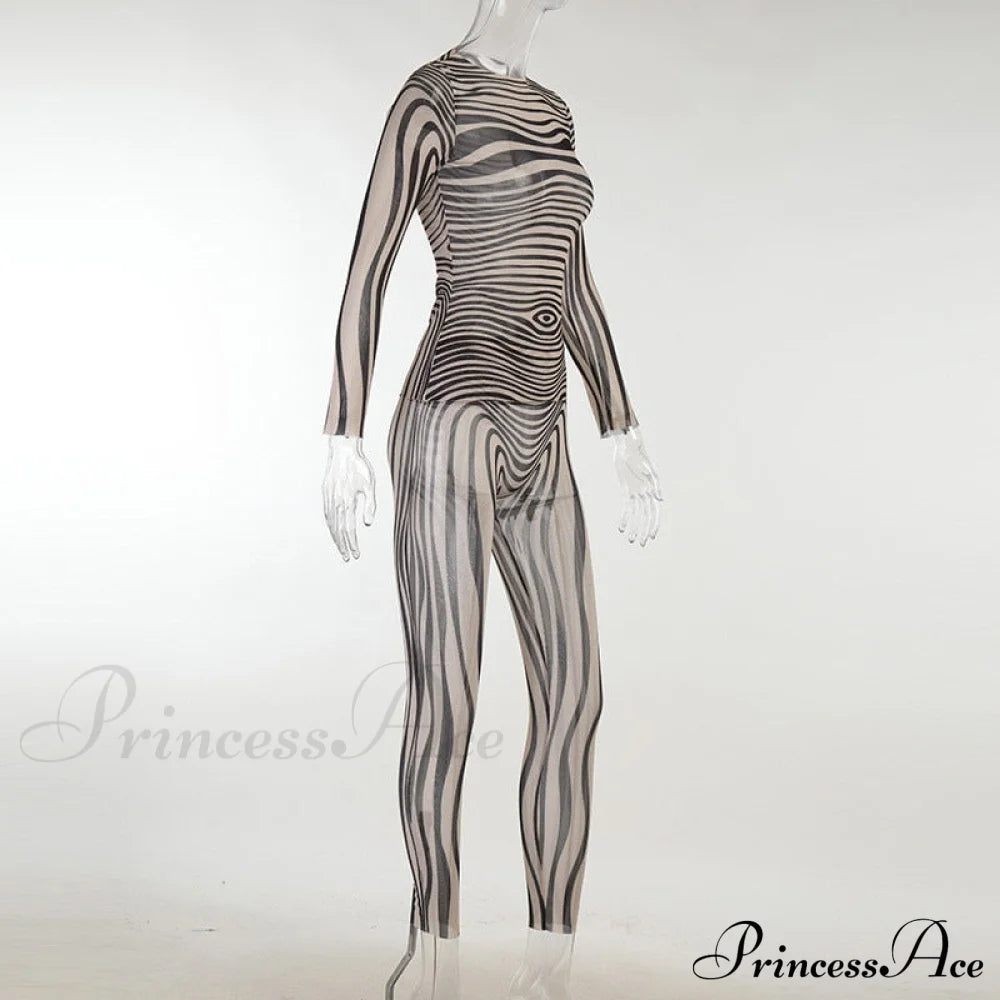 Pants Suit Sexy Costume Zebra Co-Ord Striped Tracksuit For Mesh + Set 2 T-Shirt Piece Long Autumn