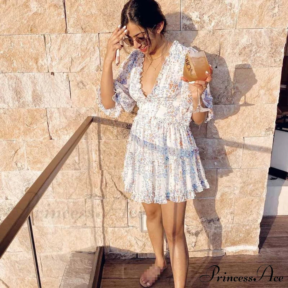 Party Gown Harlow Backless Design V-Neck Mini - Warm-Season Ruffle Women’s Flowered Dress