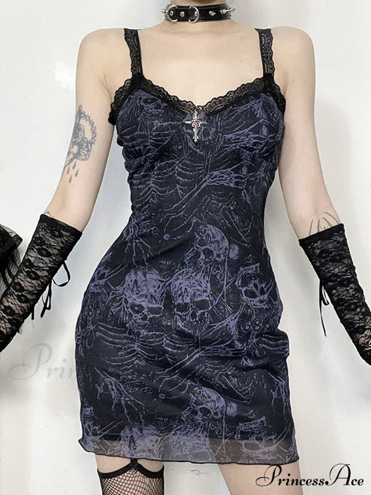 Party Mini Dress Grunge Skulls Pattern Gothic Sleeveless Backless Lace Trim Short Halloween