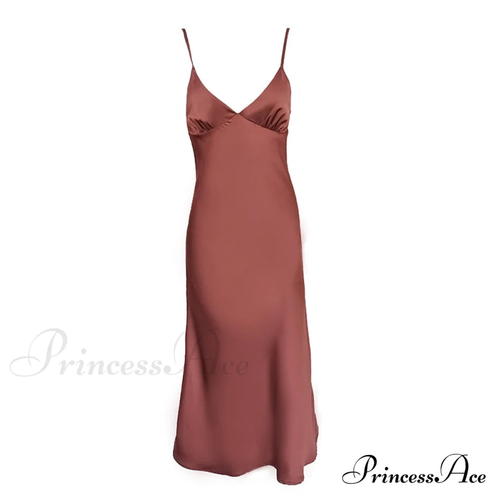 Party Pajamas Elegant Satin Neck Deep Women’s Sexy V Dress Brown / S