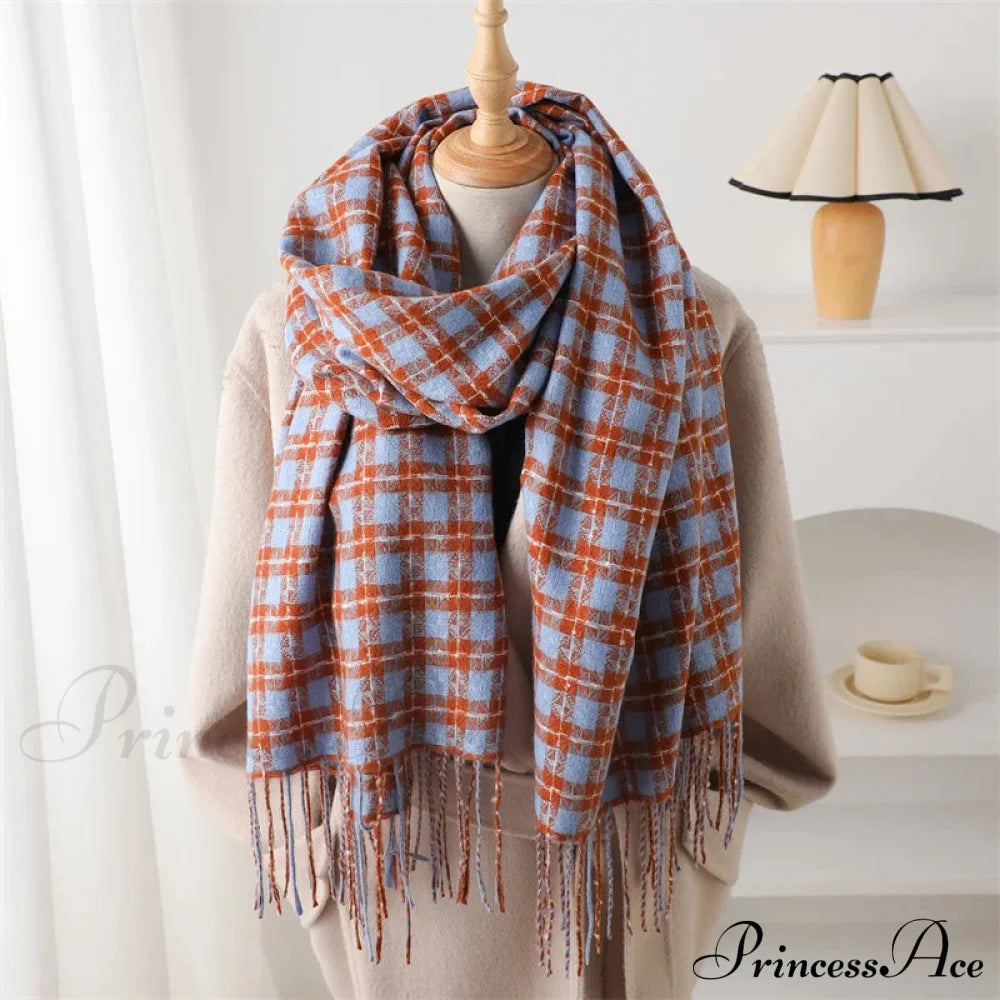 Pashmina Tassel Plaid Cashmere-Like Warm Shawl Scarf Blue Scarfs-L