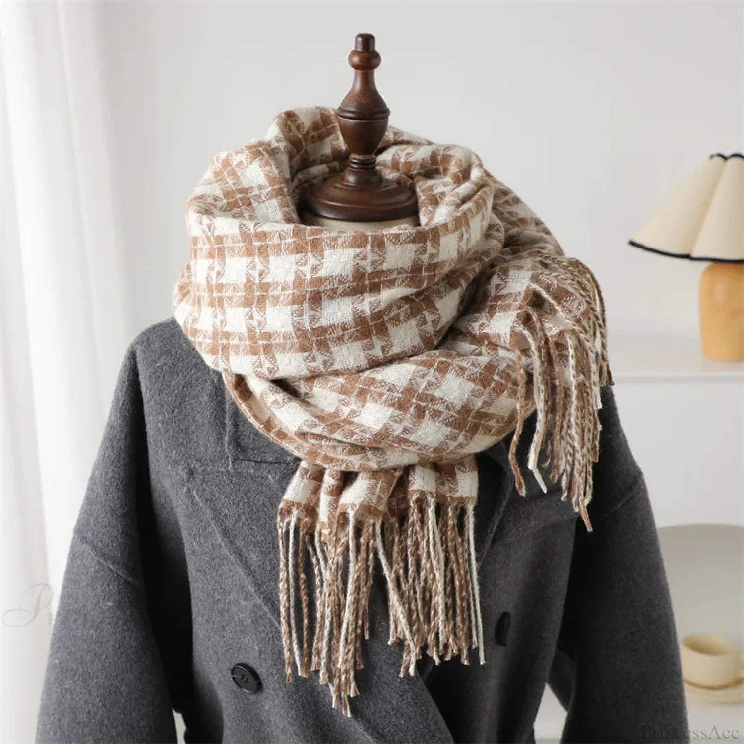 Pashmina Tassel Plaid Cashmere-Like Warm Shawl Scarf Dark Khaki Scarfs-L