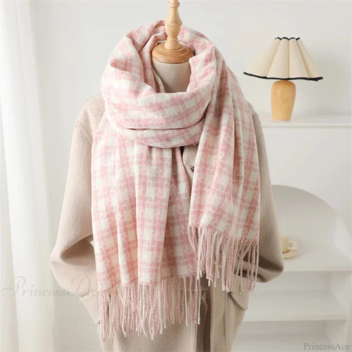 Pashmina Tassel Plaid Cashmere-Like Warm Shawl Scarf Light Pink Scarfs-L
