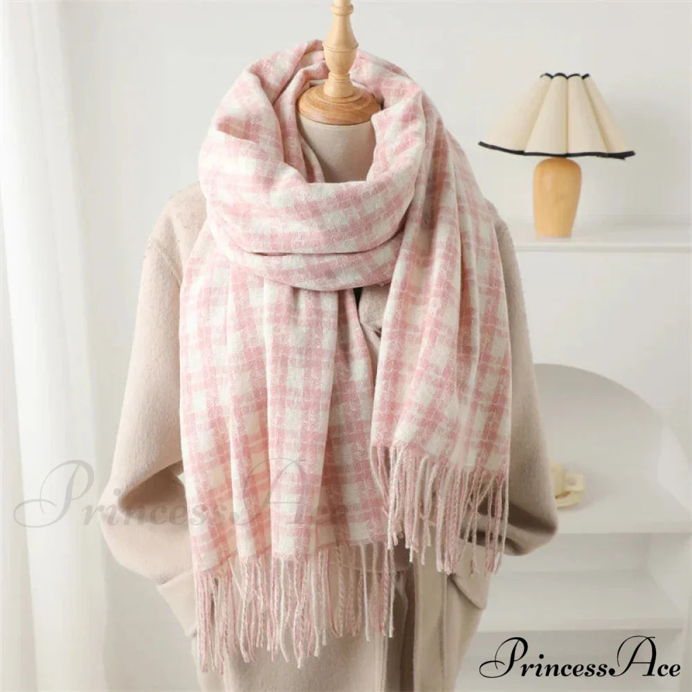 Pashmina Tassel Plaid Cashmere-Like Warm Shawl Scarf Light Pink Scarfs-L