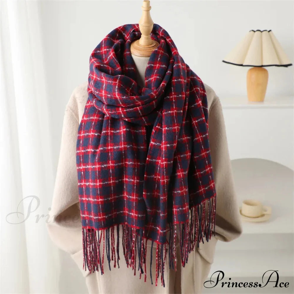 Pashmina Tassel Plaid Cashmere-Like Warm Shawl Scarf Red Scarfs-L