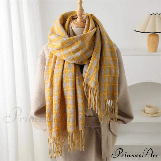 Pashmina Tassel Plaid Cashmere-Like Warm Shawl Scarf Yellow Scarfs-L