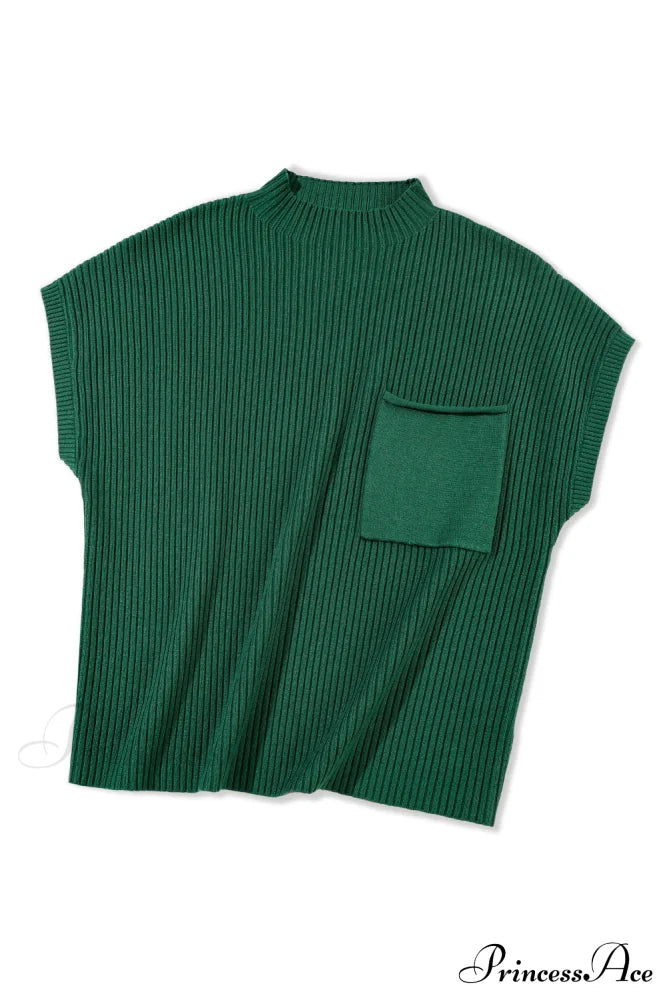 Patch Ribbed Knit Pocket Arm Black Brief Green Sweater Tops