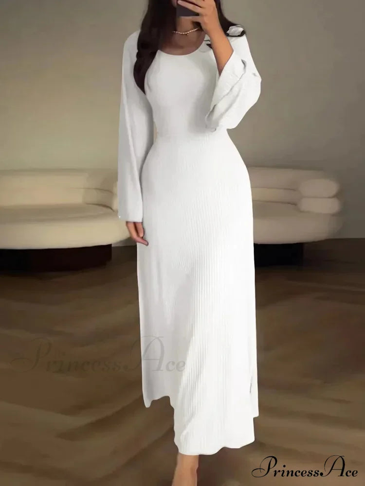 Patchwork Bandaged Round-Necked Slim-Fitted Long-Sleeved Street-Ready Ankle-Length Maxi Dress