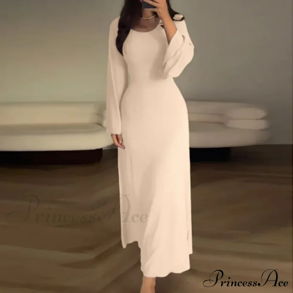 Patchwork Bandaged Round-Necked Slim-Fitted Long-Sleeved Street-Ready Ankle-Length Maxi Dress