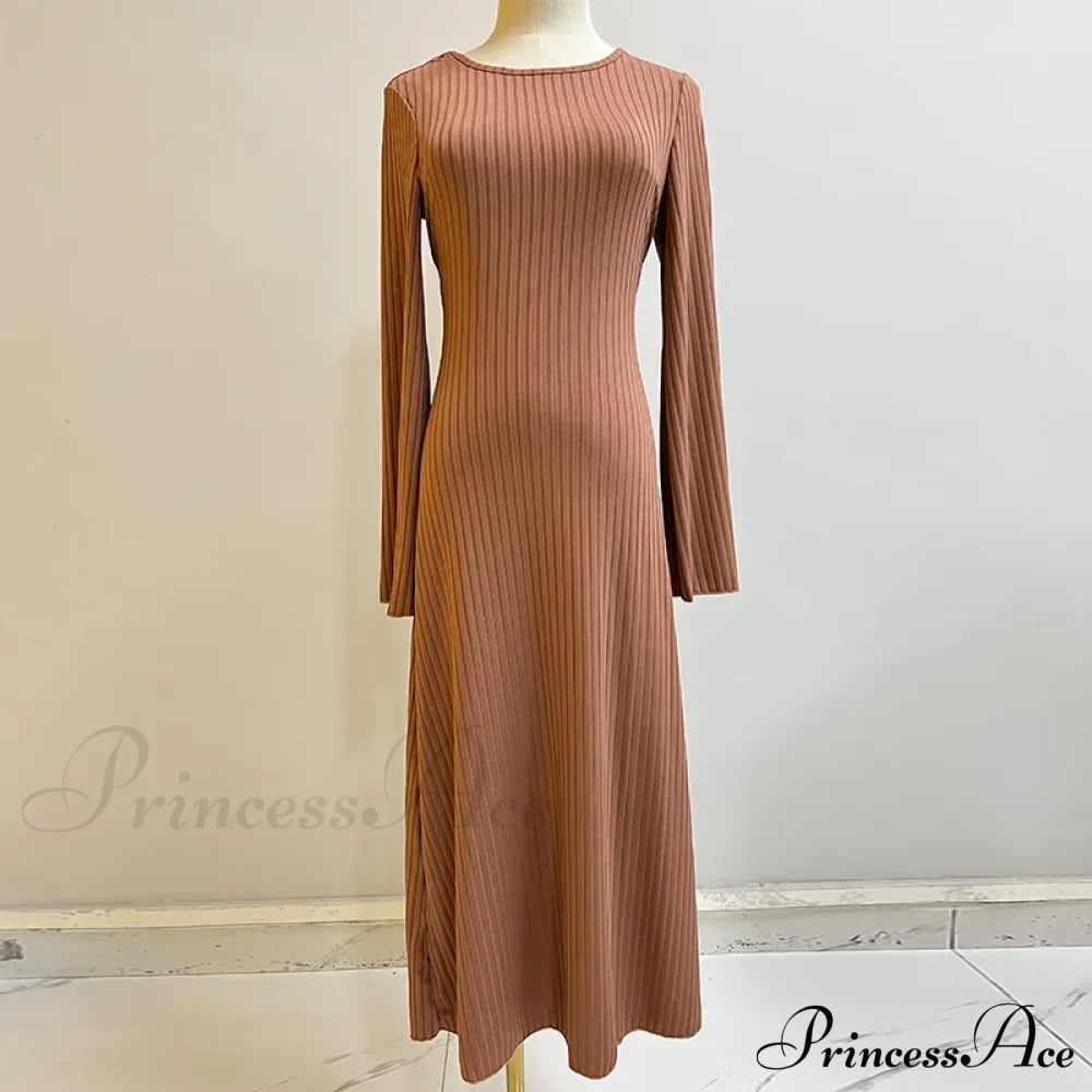 Patchwork Bandaged Round-Necked Slim-Fitted Long-Sleeved Street-Ready Ankle-Length Maxi Dress Brown