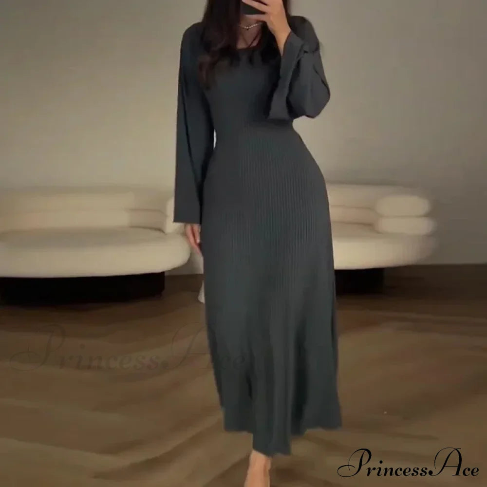 Patchwork Bandaged Round-Necked Slim-Fitted Long-Sleeved Street-Ready Ankle-Length Maxi Dress Dark