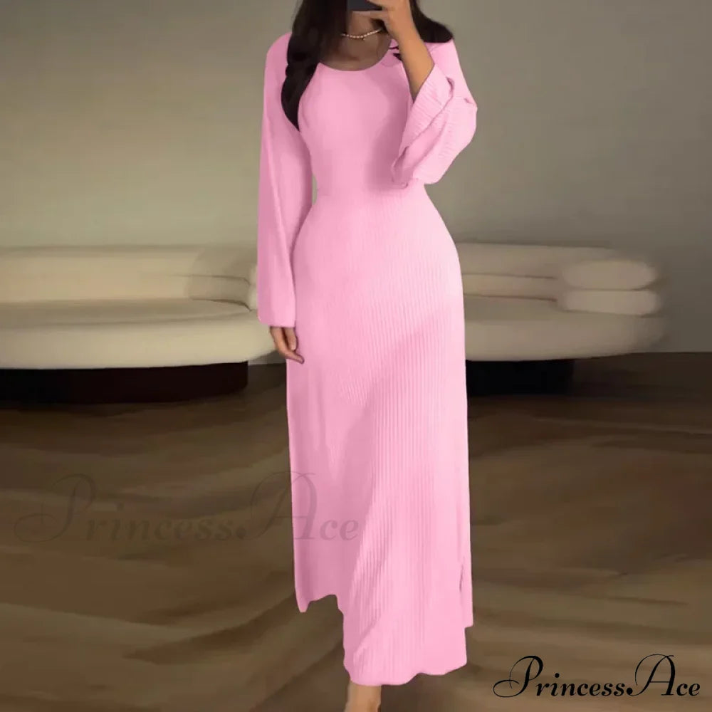 Patchwork Bandaged Round-Necked Slim-Fitted Long-Sleeved Street-Ready Ankle-Length Maxi Dress Pink