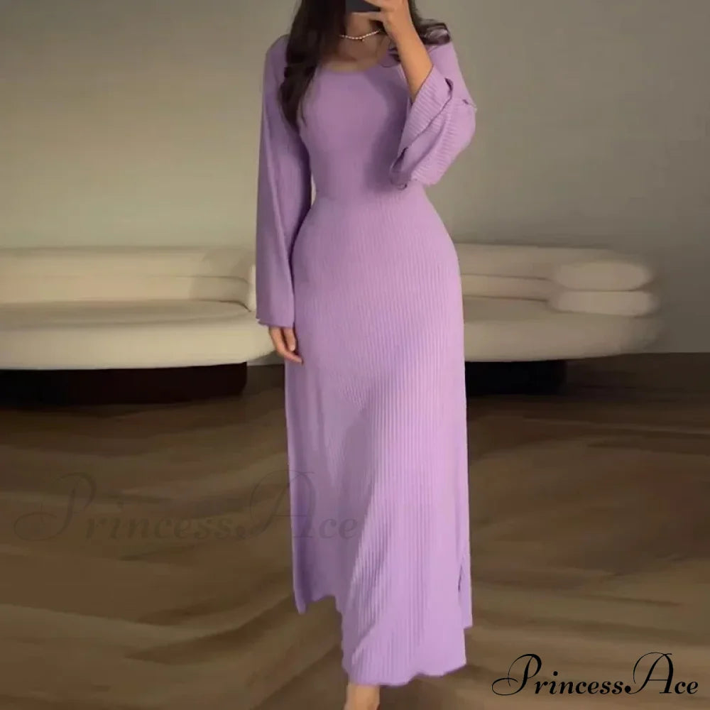 Patchwork Bandaged Round-Necked Slim-Fitted Long-Sleeved Street-Ready Ankle-Length Maxi Dress