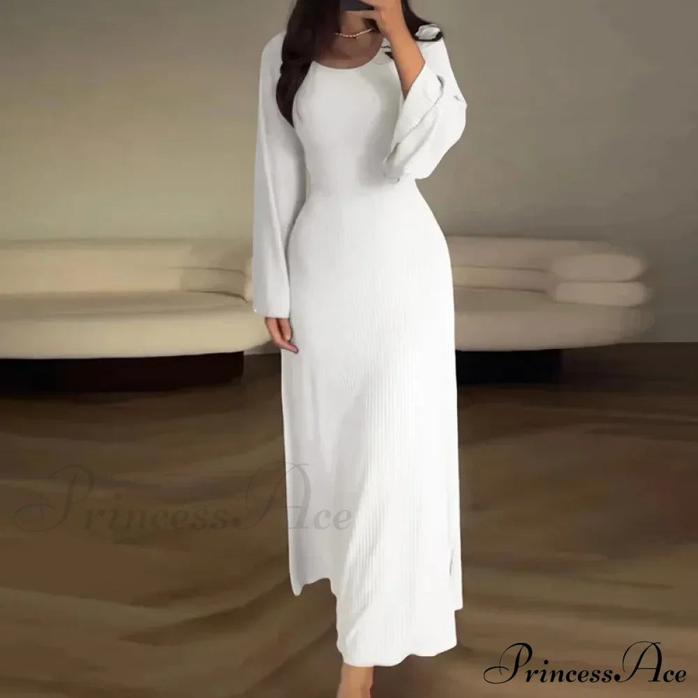 Patchwork Bandaged Round-Necked Slim-Fitted Long-Sleeved Street-Ready Ankle-Length Maxi Dress White