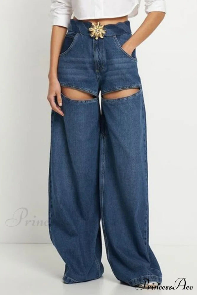 Patchwork Decoration Accessories Waist Denim Metal High Jeans Blue / S Denim/Jeans