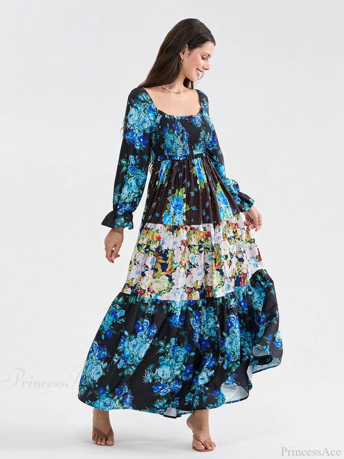 Patchwork Floral Bohemian Off-Shoulder Puff Sleeve Ruffled Vacation Beach Dress floraldress-250126