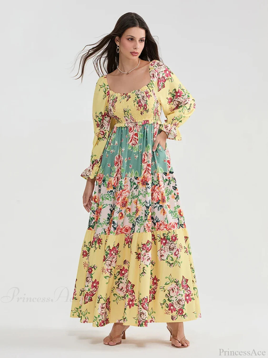 Patchwork Floral Bohemian Off-Shoulder Puff Sleeve Ruffled Vacation Beach Dress floraldress-250126