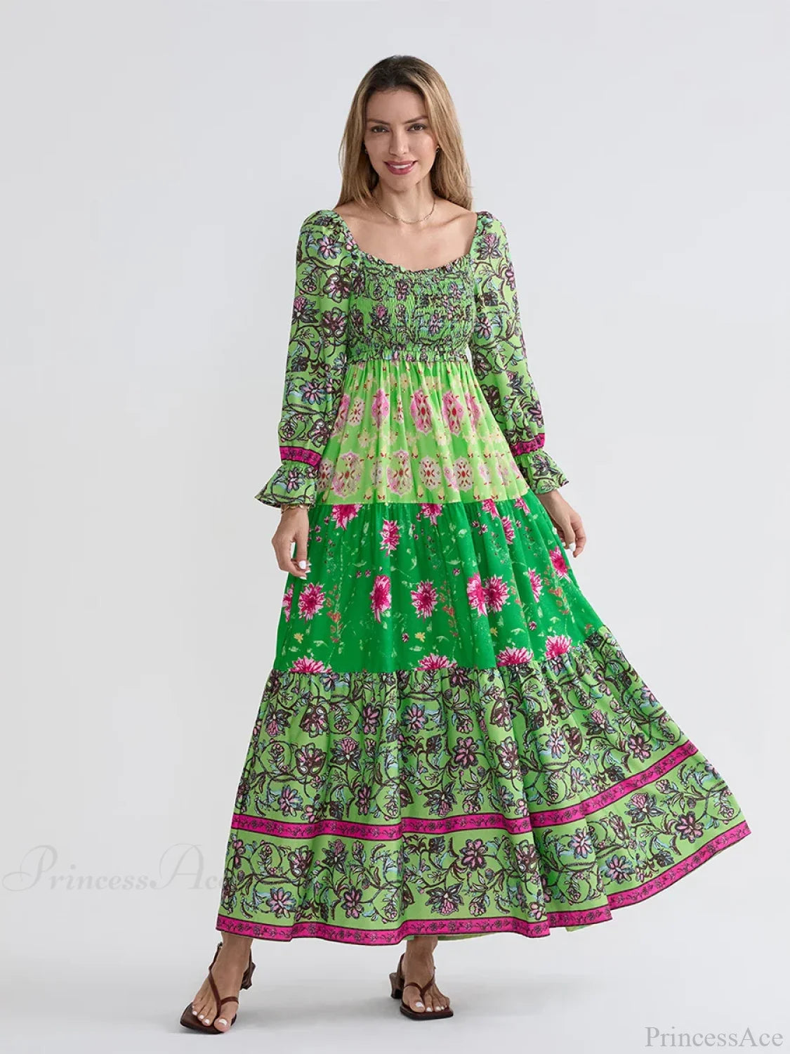 Patchwork Floral Bohemian Off-Shoulder Puff Sleeve Ruffled Vacation Beach Dress GREEN / S floraldress-250126