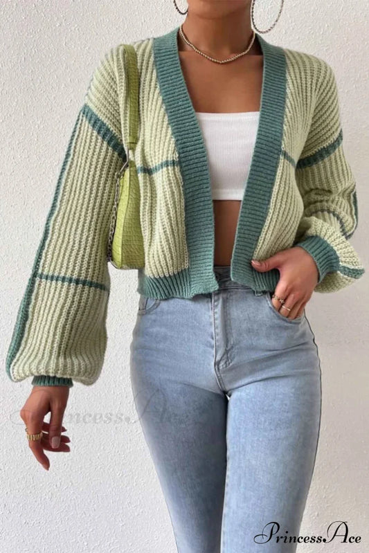 Patchwork Knit Long Sleeve Open-Front Cardigan Green / M Cardigans