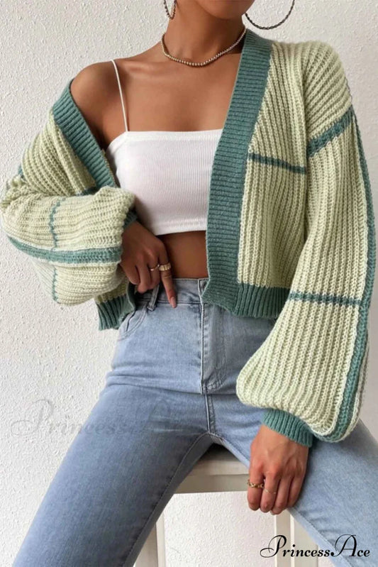 Patchwork Knit Long Sleeve Open-Front Cardigan Green / S Cardigans