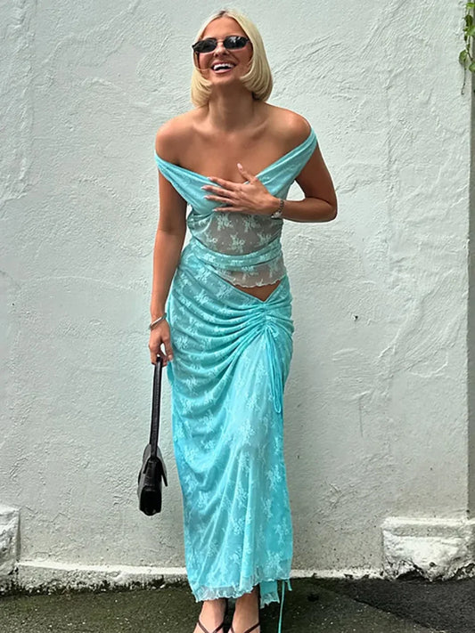 Patchwork Lace V-neck Skirt Vacation Dress Blue / S vacationdress-250223