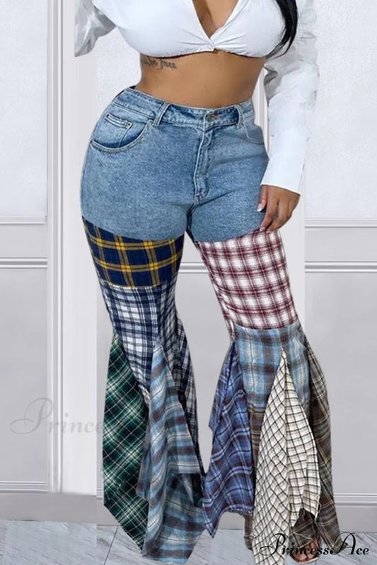 Patchwork Mid-Waisted Flares Jeans Light Blue / S Pants