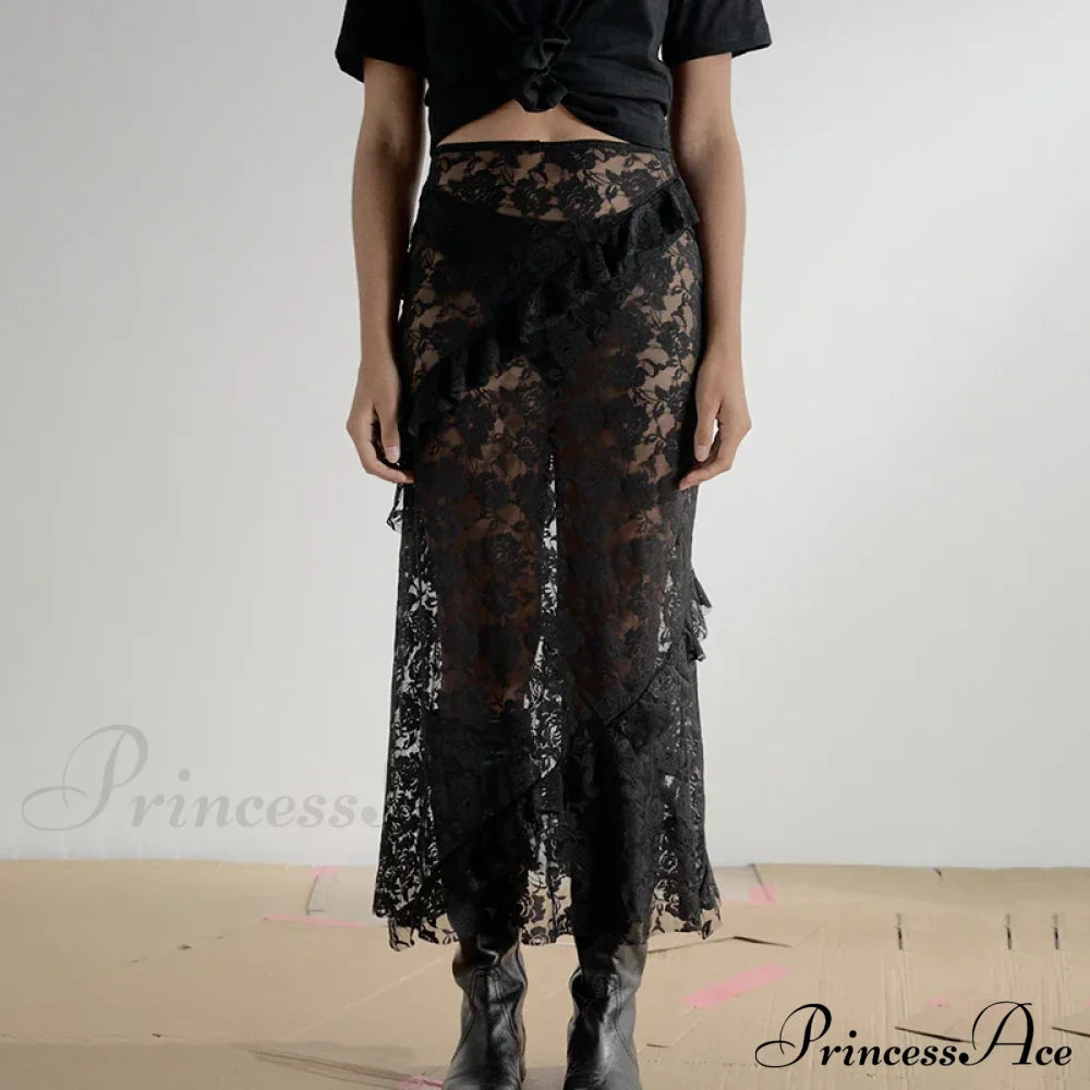 Patchwork Party Lace Ruffled See-Through Maxi Skirt Black / S