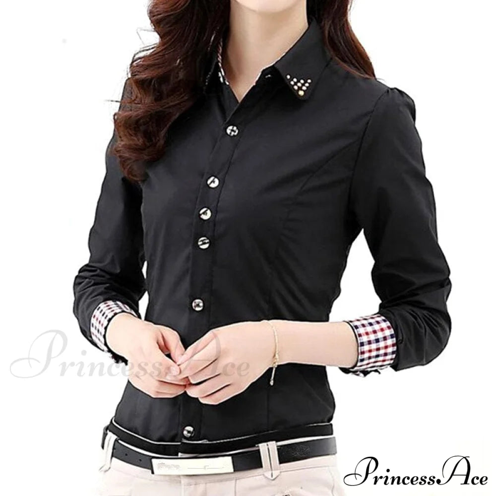 Patchwork Plaid Ladies Office Blouse Black / S