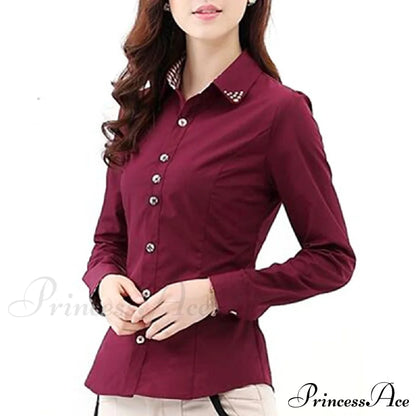 Patchwork Plaid Ladies Office Blouse Red / S