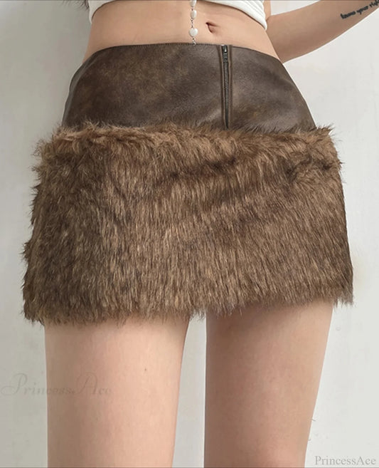 Patchwork PU Leather Furry Skirt Brown / S
