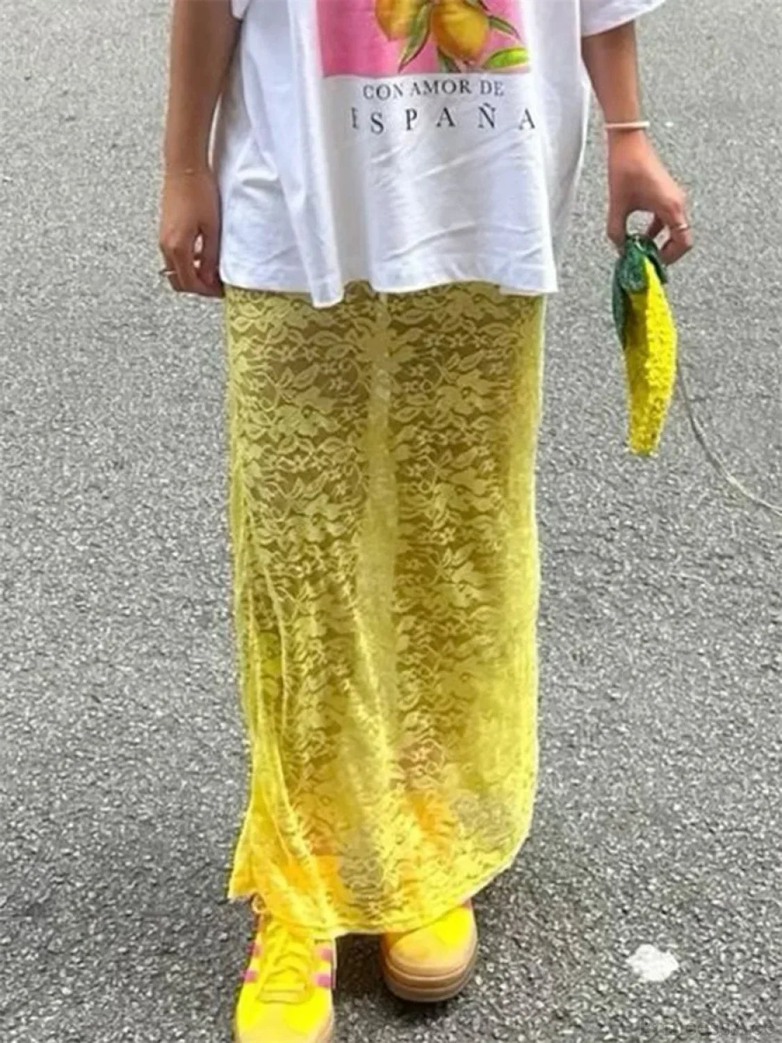 Patchwork See-Through Maxi Skirt Bright Yellow / S skirts-250223