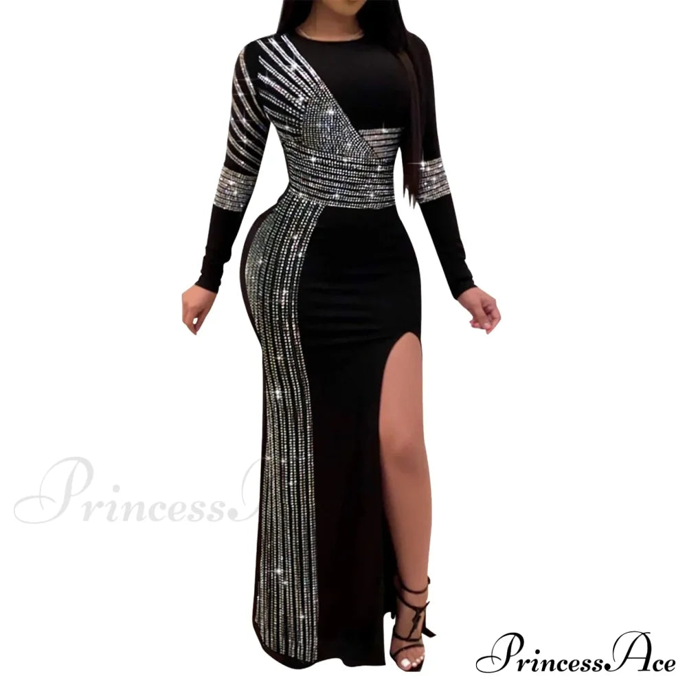 Patchwork Sequin Sheath Skinny High Side Slit O-Neck Long Sleeve Celebrity Bodycon Maxi Lady